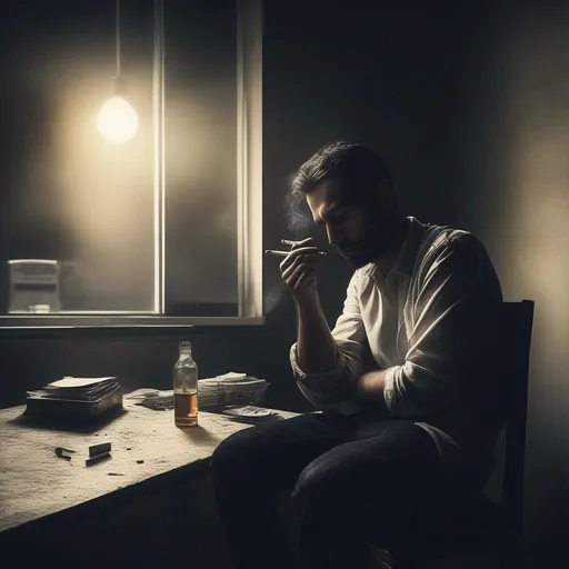 Prompt: sad man sitting down in dimly lit room smoking cigarettes' 1080p 60Hz
