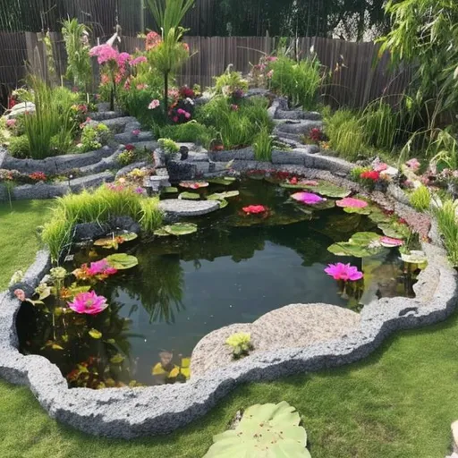 Prompt: realistic pond with flowers around it with stones bordering the pond