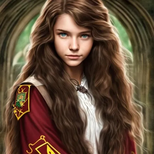 Prompt: long-haired, brown-haired, green-eyed beautiful woman as a Hogwarts Gryffindor student at Hogwarts