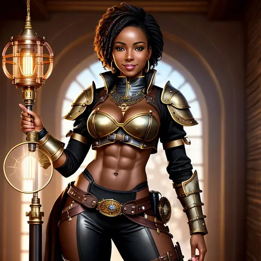 Prompt: Female African descent steampunk inventor, High-resolution hyper realistic painting of {steampunk ebony, highly detailed, short hair, fit body, abs}, full body shot, heroic, real, alive, real skin textures, fan service pose, uhd, hdr, 64k, epic scene, sharp edges, wearing armor and pants, expressive amused lips. Little smile. Clean. Intricate detailes.