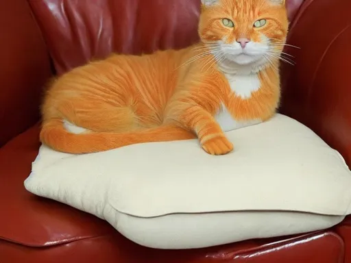 Prompt: An orange cat lying on a red leather sofa