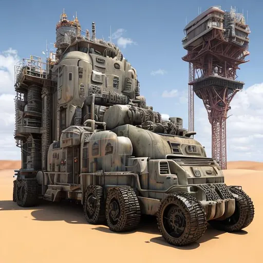 Prompt: desert, tracked vehicle, deep sea oil rig, mobile, huge, scifi