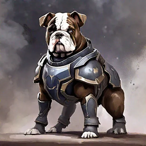 Prompt: Covenant Alliance War Dog, bulldog-like, solid chocolate fur, dark grey armor, masterpiece, best quality, (in watercolor painting style)