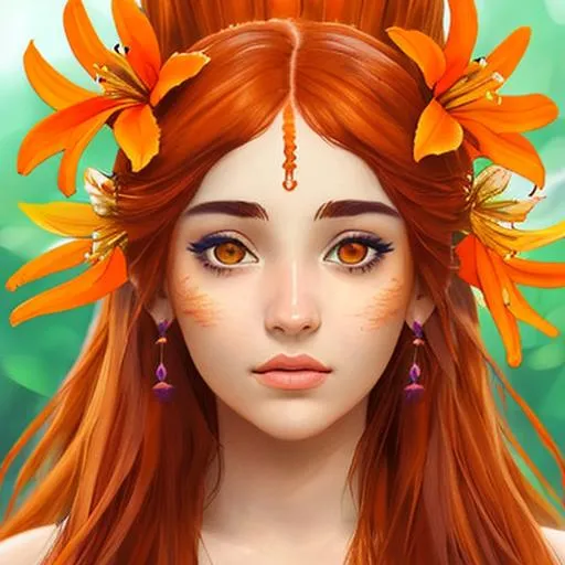 Prompt: tiger lily fair goddess, pretty face, auburn hair, orange flowers, closeup