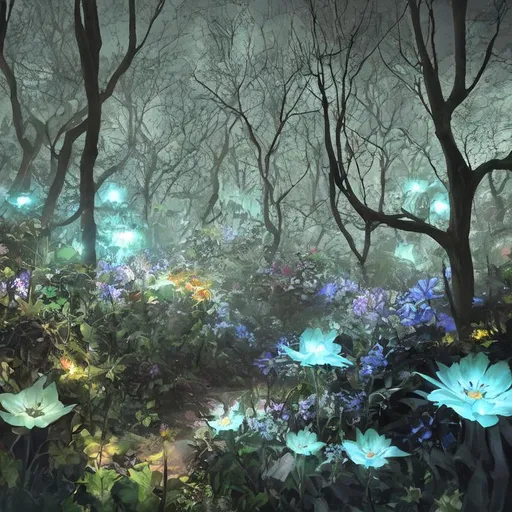 Prompt: bioluminescent flora in a evil wild garden, nighty atmosphere, misty aura