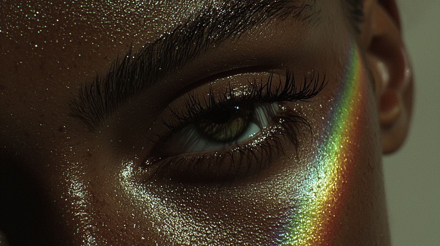 Prompt: close up metallic head in mirror box with swirling rainbow tinted light