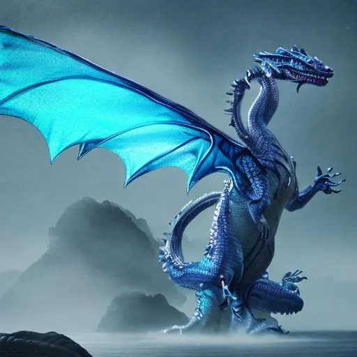 Prompt: flying water dragon, blue armor scales, mysterious fog lake background, hyper realistic, full body, chinese style, dragon head full of blue crystal scales and sharp horns, glowing yellow eyes