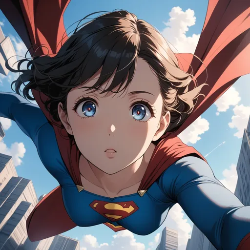 Prompt: anime, 1girl, wearing superman costume, flying above ground, from below, looking at viewer, A-1 Pictures style, beautiful face, 8K, (dynamic perspective), sharp focus, extremely detailed eyes and face, beautiful detailed eyes, cinematic lighting, ((masterpiece, best quality))