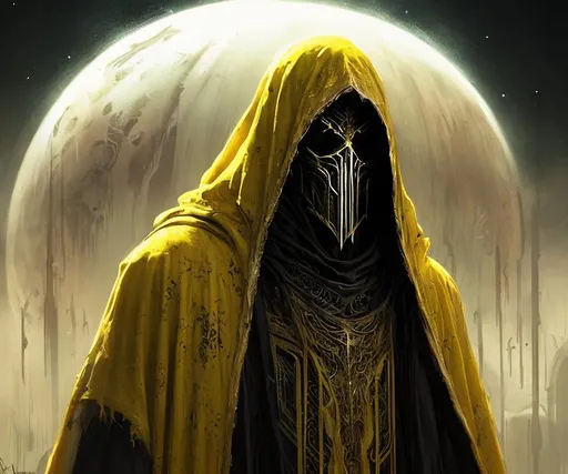 Prompt: king in yellow cloak. white mask on face. planets in background concept art. wlop. ross draws. dark mood. horrific art.