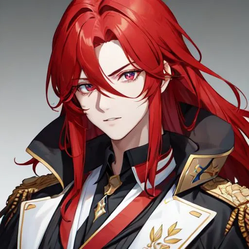 Prompt: Zerif 1male (Red side-swept hair covering his right eye)UHD, 8K, Highly detailed, insane detail, best quality, high quality, wearing a police uniform