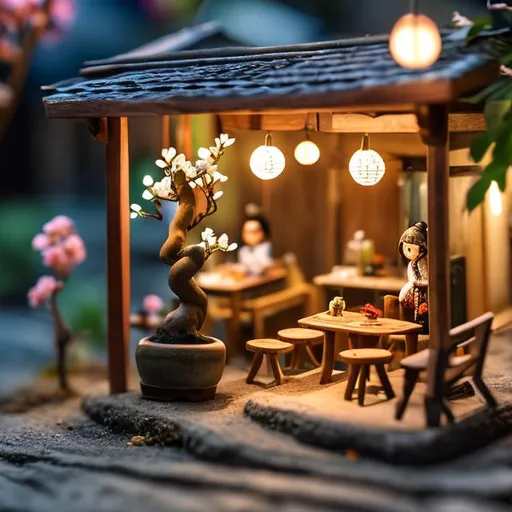 Prompt: tiny wooden outside cafe, tiny cherr blossom bonsai, tiny wooden people drinking, dining, dancing, string lights, dark night



