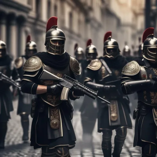 Prompt: several modern roman military male in black military armor galea helmet of roman armor, with a gunfire and gas mask, marching in street, Hyperrealistic, sharp focus, Professional, UHD, HDR, 8K, Render, electronic, nervous vibe, loud, tension, dark, Epic