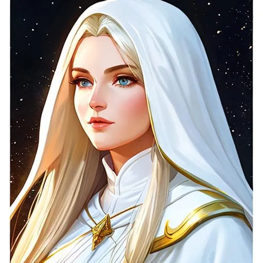 Prompt: elf cleric with white robes, female, dnd, illustration, portrait