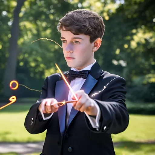 Prompt: 13 year old boy in a tuxedo casting a magic spell with his magic wand in the park