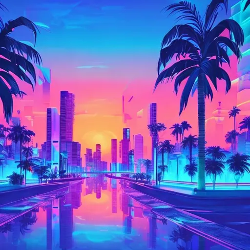 vaporwave city, neon lighting, beautiful sunset, pal...