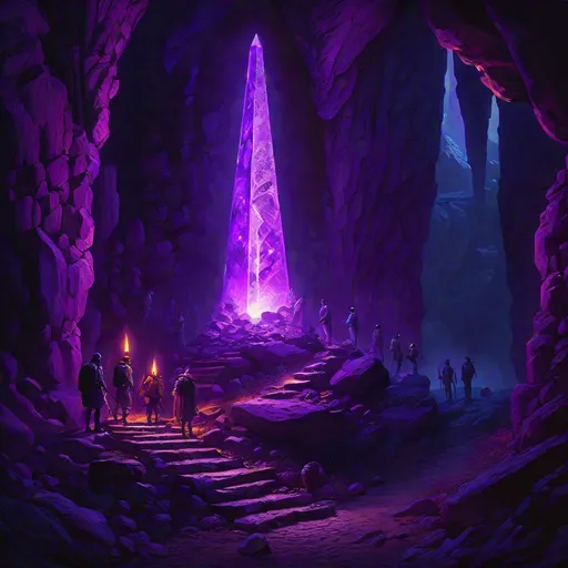 Prompt: The large purple obelisk emiting light in a dark cave, several explorers with torches illuminating a cave, fluorescent musrooms, medival, fantasy, middle ages, renaissance, Michelangelo, Greg Rutkowski, full hd, high quality, 4k, trending on artstation, oil painting, intricate, highly detailed,