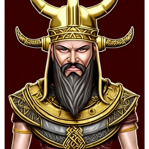 Prompt: Evil viking wearing gold, pharaoh style front view 