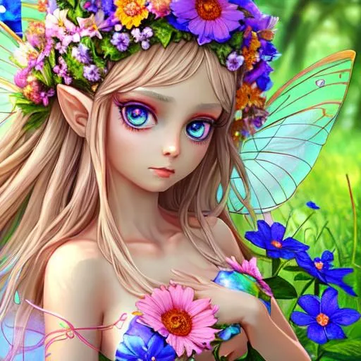 Prompt: Fairy goddess of summer, vivid colors,large eyes, neutral coiors, wildflowers, closeup