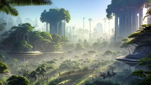 Prompt: A jungle planet with lots of foliage and a few low rise brutalist futuristic buildings amongst the trees. Beautiful hazy solarpunk lighting