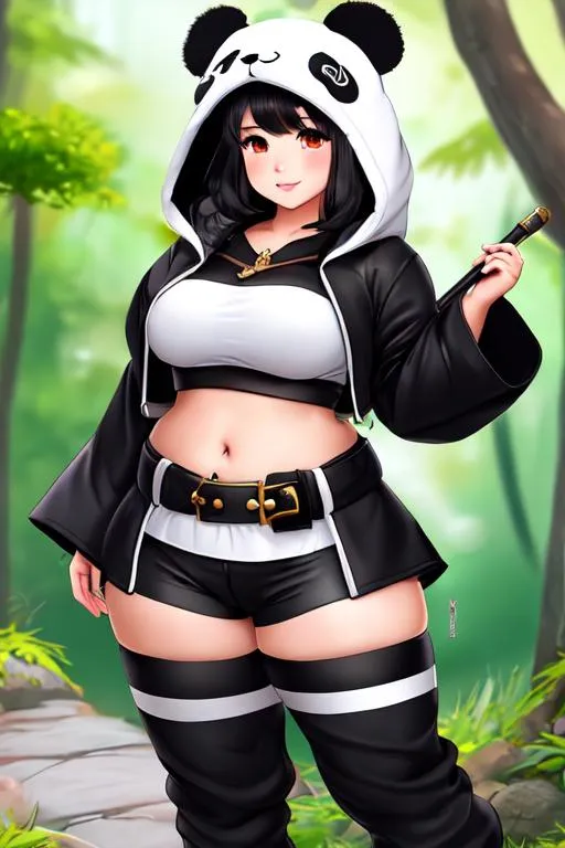 Prompt: Cute chubby fantasy panda girl, panda ears, panda hood, cropped jacket, baggy pants, belt, fantasy, black hair, martial artist, eastern, Asian, exotic, detailed belly, deep navel, detailed navel, smile, beautiful, detailed face, very high quality, very detailed, trending on artstation, anime, Full body character, UHD, 8K, masterpiece, high quality face,