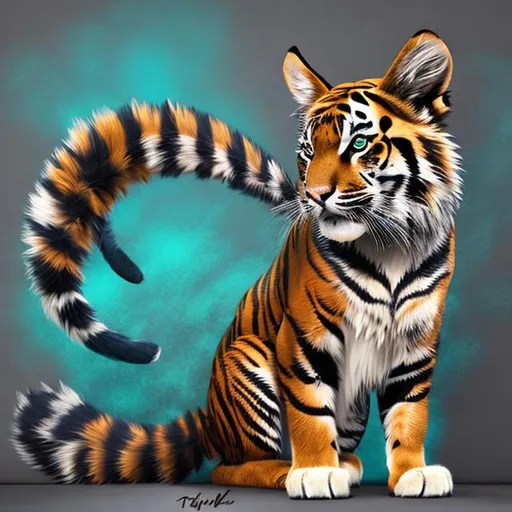 Prompt: Full body of cat with teal and brown stripes wings heavy realistic colorful fully rendered high quality teal stripes teal stripes teal stripes brown stripes two tails wings tiger