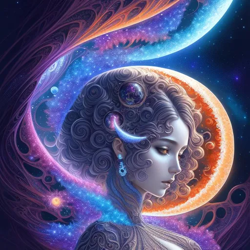 Prompt: full color julia clusters fractal space sun and moon on voronoi background, Beautiful alien, fantasy, intricate, highly-detailed, elegant, dramatic lighting, gorgeous face, lifelike, photorealistic face, curl long Hair, long luxurious lace gown, digital painting, artstation, illustration, concept art, smooth, sharp focus, art by Jude Palencar, Luis Royo, John Collier and Albert Aublet and Krenz Cushart and Artem Demura and Alphonse Mucha, highly detailed painting, looking at viewer, portrait, photography, detailed skin, realistic, photo-realistic, 8k, highly detailed, full length frame, High detai