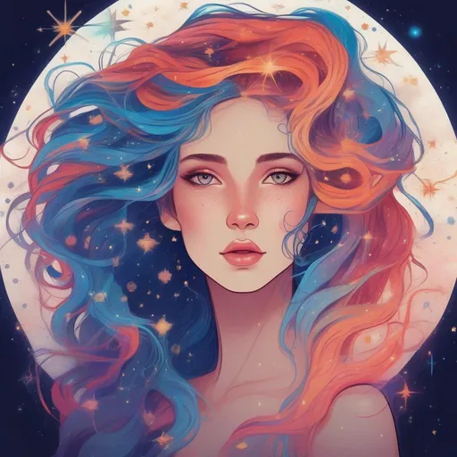 Prompt: Colorful and beautiful Persephone with hair that is made out of the stars and constellations