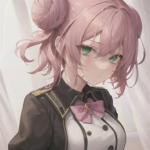 Prompt: a girl with short pink hair, two buns, Eden's uniform, an imperial scholar, green eyes 
