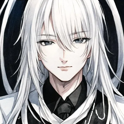 Prompt: white hair, watercolor painting, watercolor rendering, black and white, completely fully black eyes, male, man, boy, black and white, glossy lips,closeup portrait shot of a man, korean, in suits, manhwa art style, eye bags, pink eyebags, manhwa, korean art style, rendered warmly, black and white,