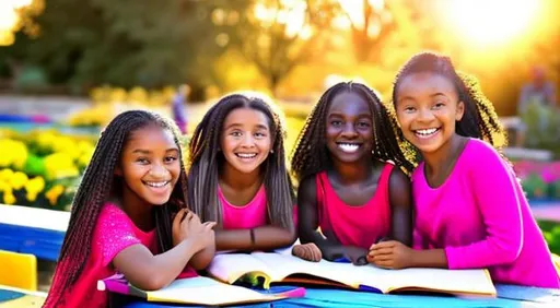 Prompt: Consider a vibrant and captivating photograph that showcases a group of smiling girls, radiating confidence and determination. The image could capture them engaged in a meaningful activity, such as studying, working on a creative project, or participating in a mentorship program. The background can be a warm and uplifting setting, like a well-lit classroom, a community center, or a garden symbolizing growth and opportunity.

The photograph should convey a sense of hope, empowerment, and unity. It should reflect the project's goal of providing a nurturing environment where girls can flourish and shape their own futures. Additionally, you can incorporate the project's name, "Empower Her Future," as an overlay text on the image, using complementary colors that stand out and are easy to read.