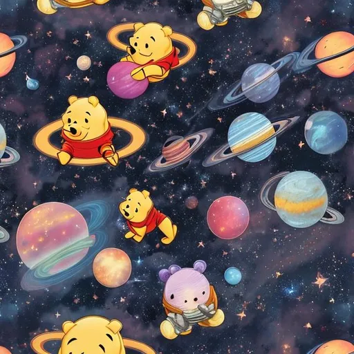 Prompt: Pooh with space background filled with galaxies, nebulas, stars and blackholes, bright colors, planets, solar systems