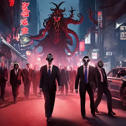 Prompt: Traditional demons dressed as businessmen in silk suits and Bluetooth headsets. Walking in the streets of Hell if it were like Los Angeles.
