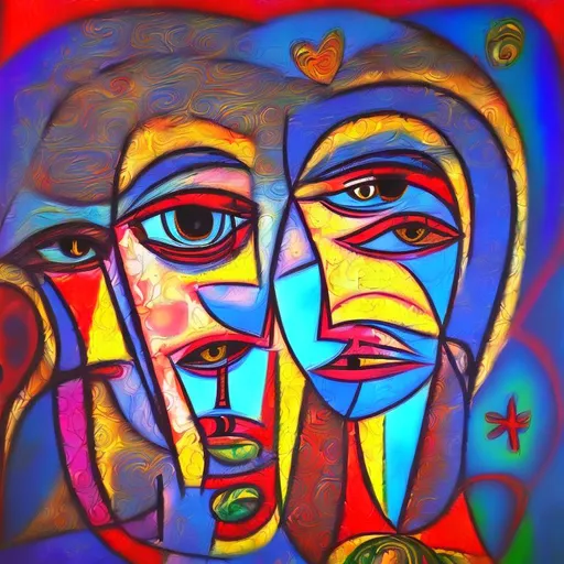 Prompt: Abstract painting image picture of what Love is in many different forms Picasso style mixed with Da Vinci realistic detailed beautiful art hidden meanings and messages inside and out of the image spirituality grounded universe enlightenment angels spirit guides connected we are one earth 