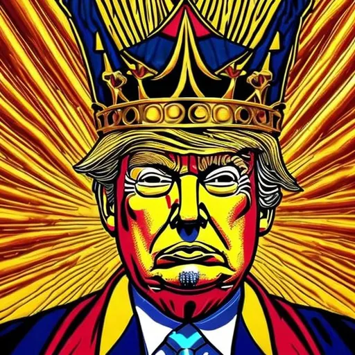 Prompt: Donald trump sitting on a throne, wearing a gold crown that is tipped to the side and crested with large red jewels. detailed painting in the style of Andy Worhal, pop art style