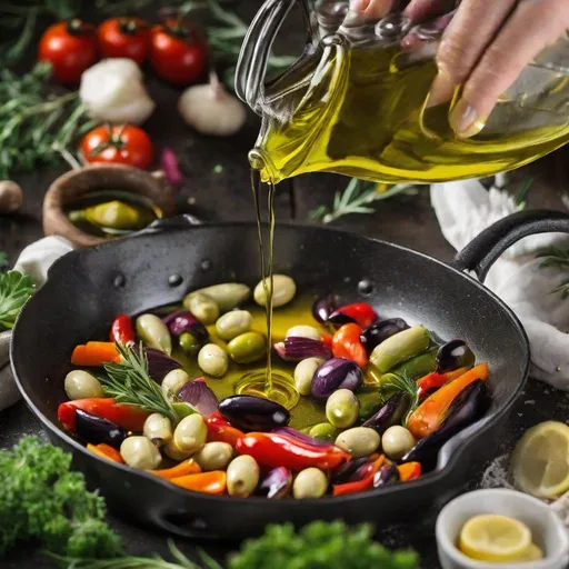 Prompt: olive oil is poured into a pan full of vegetables