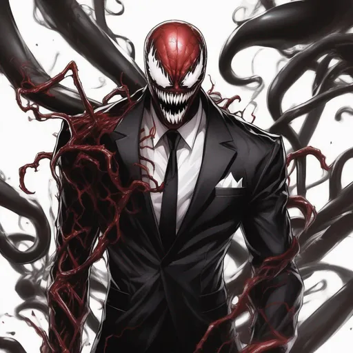 Prompt: Anime Style Carnage Symbiote, wearing a black suit with white shirt and black tie.