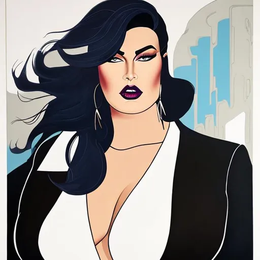 Prompt: Full body portrait of a sleek and hypnotic plus size goddess with fierce eyes. Painted in the style of Patrick Nagel. Colors are black, white, and jewel tones. Fierce and bold