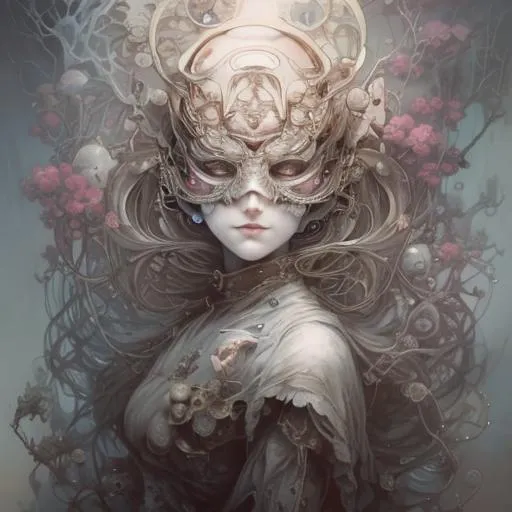 Prompt: unsettling digital art by ayami kojima, peter mohrbacher. blank masquerade. She has no face, no eyes, blank, empty, but we feel her smile. Empress’s mouthless lips move with the sound of the beginning of time – the sound that came before all sounds, before all light in the depths of space. madoka magica, artstation, 8k resolution, volumetric lighting, spectacular effects