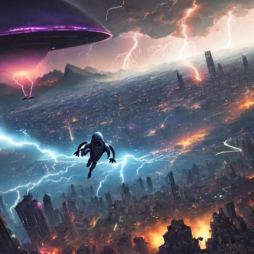 Prompt: Man flying up into the air, aliens in sky, flying saucers in sky, city in background, lightning striking city in the background, mountains in background behind city, explosions in foreground, battle scene, anime fight scene, large scale battle scene, alien invasion scene