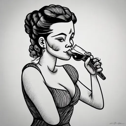 Prompt: A hand drawn picture of a big headed woman drinking cocktails, simple lines 
