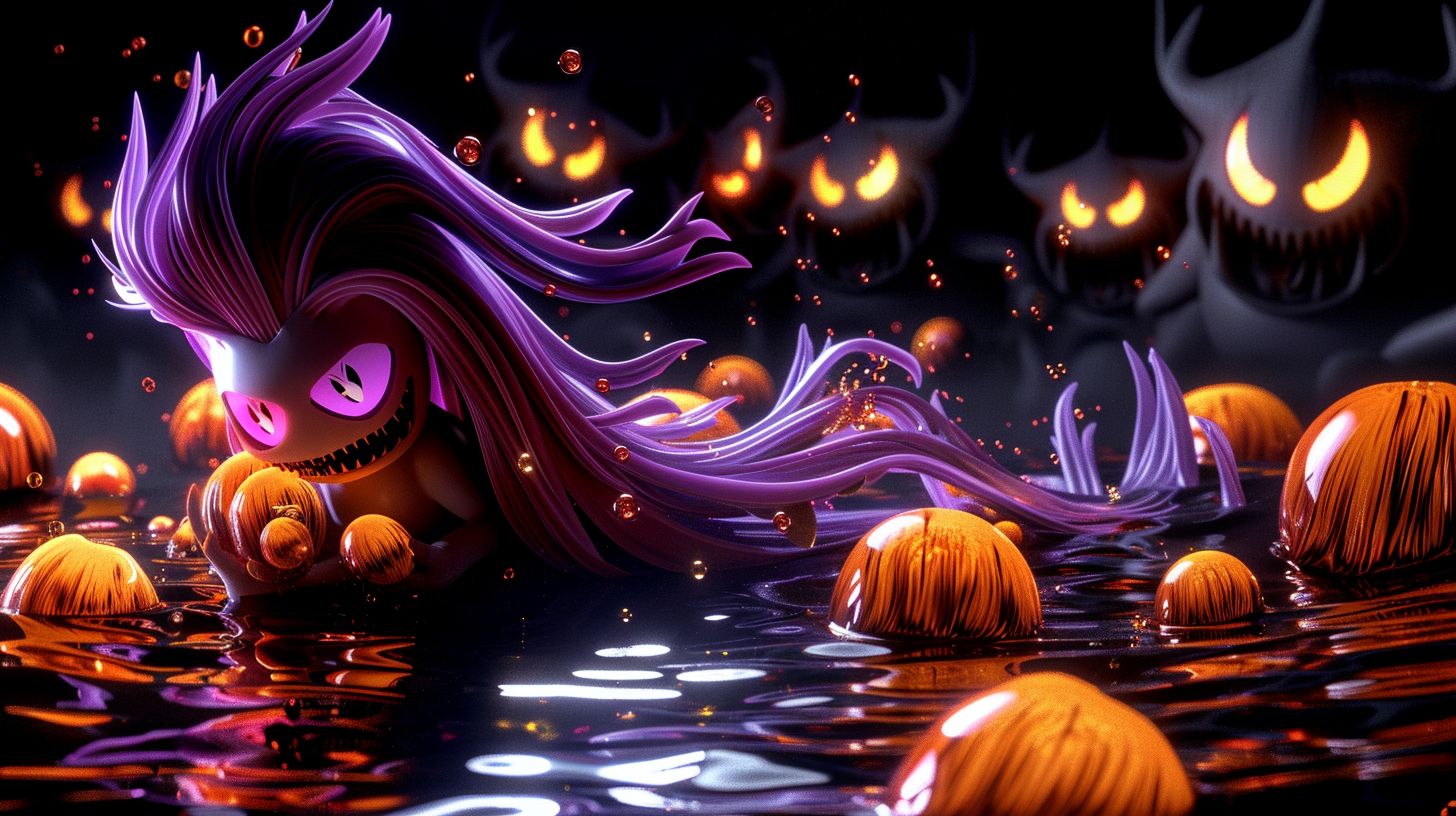 Prompt: 3D render of a vibrant and whimsical scene, showcasing a joyful creature with flowing purple hair resting amidst glowing amber pods floating on water. Lurking in the background are shadowy figures with glowing eyes, imparting an aura of intrigue and mystery. --ar 16:9 --sref https://s.mj.run/y2DB3bdFW4A --stylize 50