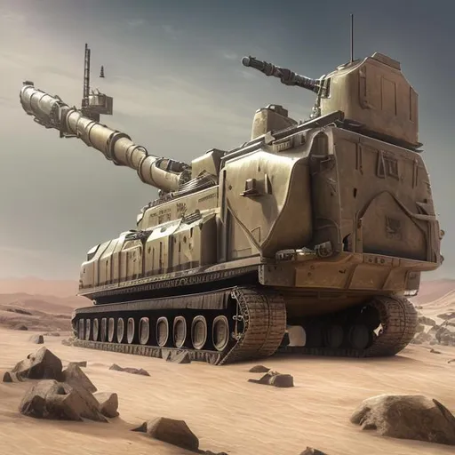 Prompt: desert, tracked vehicle, huge, massive, long, armored train, army tank, ball turrets, cranes, tank cannons, machine gun ball turrets