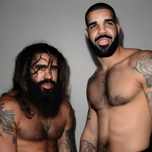 Prompt: Cave man and drake with bra