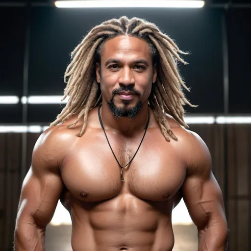 Prompt: long shot with a very handsome, middle-aged Afro-Latino hunky hairy chubby man with longer sandy brown curled dreadlocks, light eyes, thick pink lips, "hyperreal detailed face", calm smile, attractive pink lips, whole body in shot, detailed facial features, detailed locs, hyperreal, perfect composition, hyperrealistic, super detailed, 8k, high quality, sharp focus, studio photo, photography, natural light, intricate details, highly detailed, hyperrealistic, very long hair locs, soaked, real texture, full body portrait of "insolent" hypermasculine man ,with thick "hairy muscular thighs", wearing "tight shirt", manspreading, huge mooseknuckle, arena, perfect composition, hyperrealistic, super detailed, 8k, high quality, social media travel post, sharp focus, studio photo, intricate details, highly detailed,