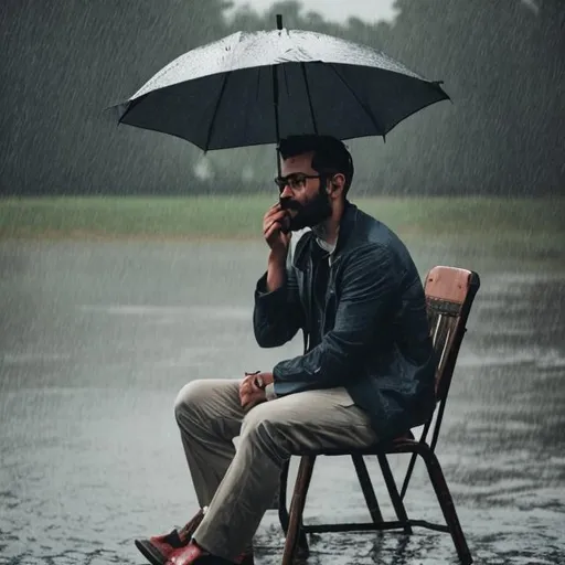 Prompt: A man sit on chair in rainy
