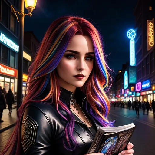 Prompt: Contemporary wizard inspired by "Dresden Files", wizard is a woman, multicolored hair, detailed symmetrical face, detailed comic book art style, city at night style background, well lit by street lights, vampire, real, alive, real skin textures,