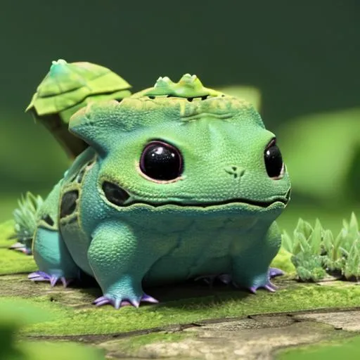 Prompt:  Bulbasaur are small, squat amphibian and plant Pokémon that move on all four legs, and have blue-green bodies with darker blue-green spots. As a Bulbasaur undergoes evolution into Ivysaur and then later into Venusaur, the bulb on its back blossoms into a large flower