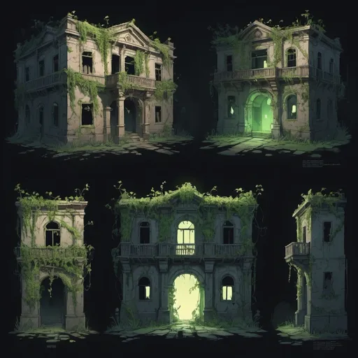 Prompt: (character design sheet) "An ancient, dilapidated building hidden deep within a city, covered in vines and surrounded by a faint, eerie glow. The crumbling walls are marked with glowing, strange symbols. The atmosphere is tense and foreboding, hinting at the presence of something powerful and dangerous."