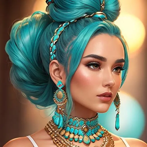 Prompt: An extremely gorgeous woman,  with top knots full of turquoise jewels