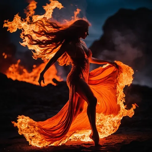 Prompt: very muscular dancing female, dancing on fire, silhouette, lava, long flowing fire gown, huge busom, long wavy fiery hair, long muscular legs, very muscular dancing female, mystical background, 